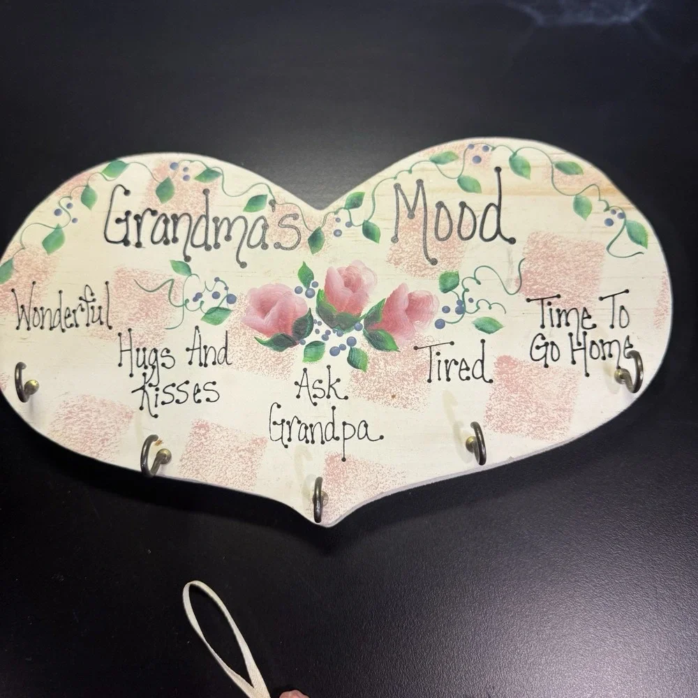 Vtg Hand Painted Wooden Heart Wall Plaque Grandma's Mood Granny Core